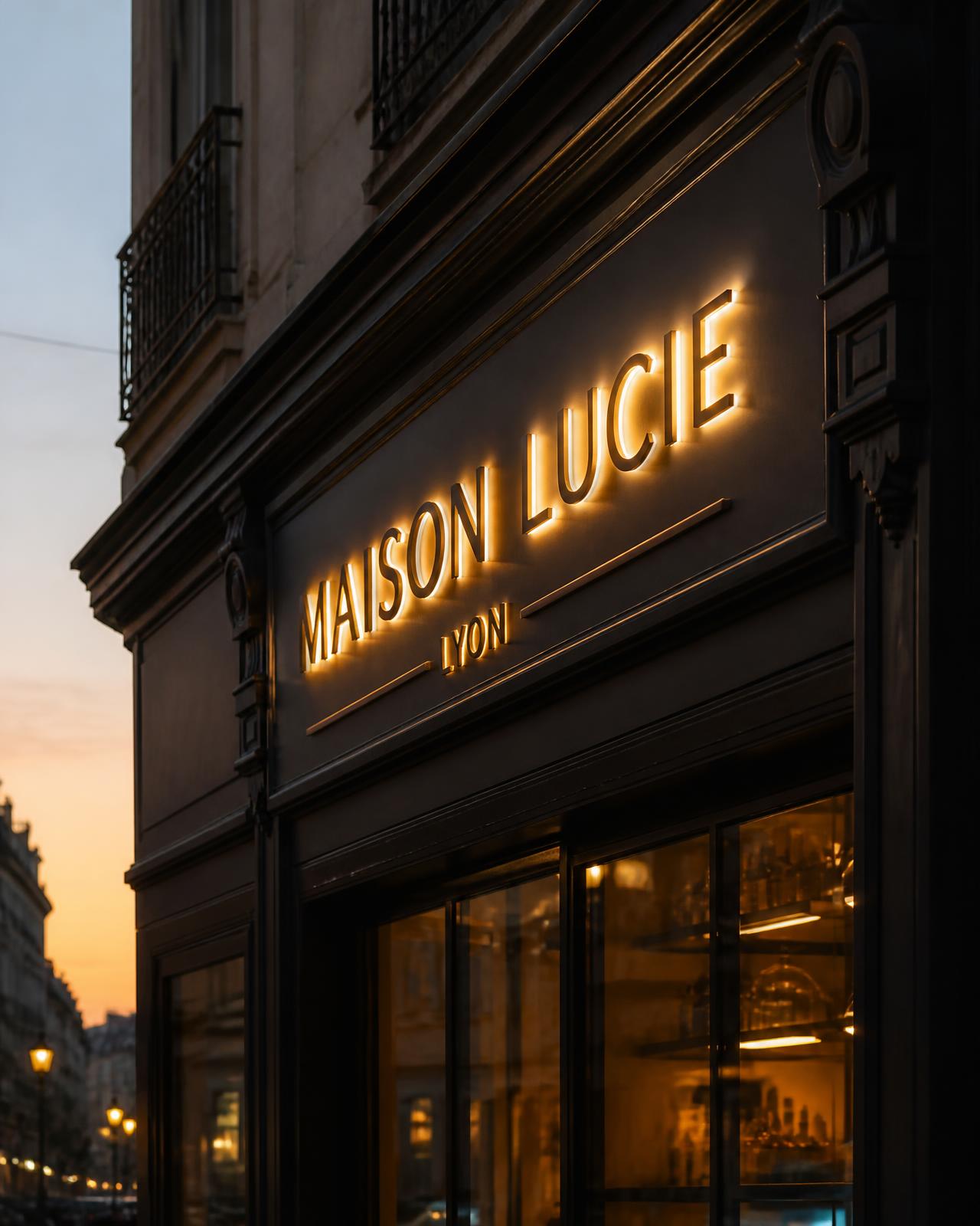 Enseigne lumineuse à lettres rétroéclairées sur une façade de commerce à Lyon, à la tombée de la nuit